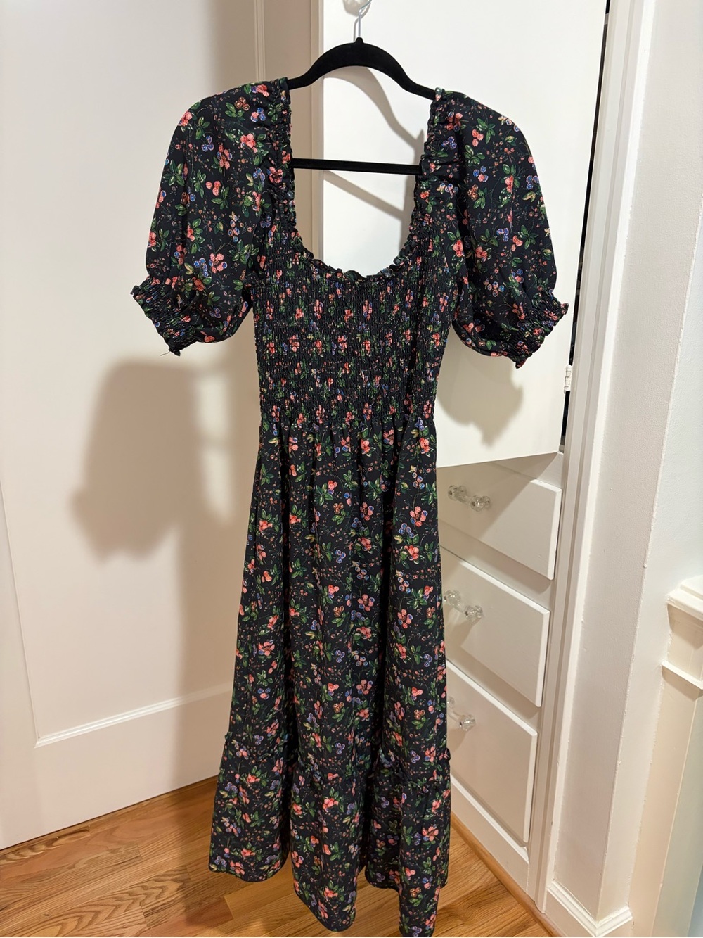 Hill House Louisa Black Floral Smocked Maxi Dress with Puff Sleeves